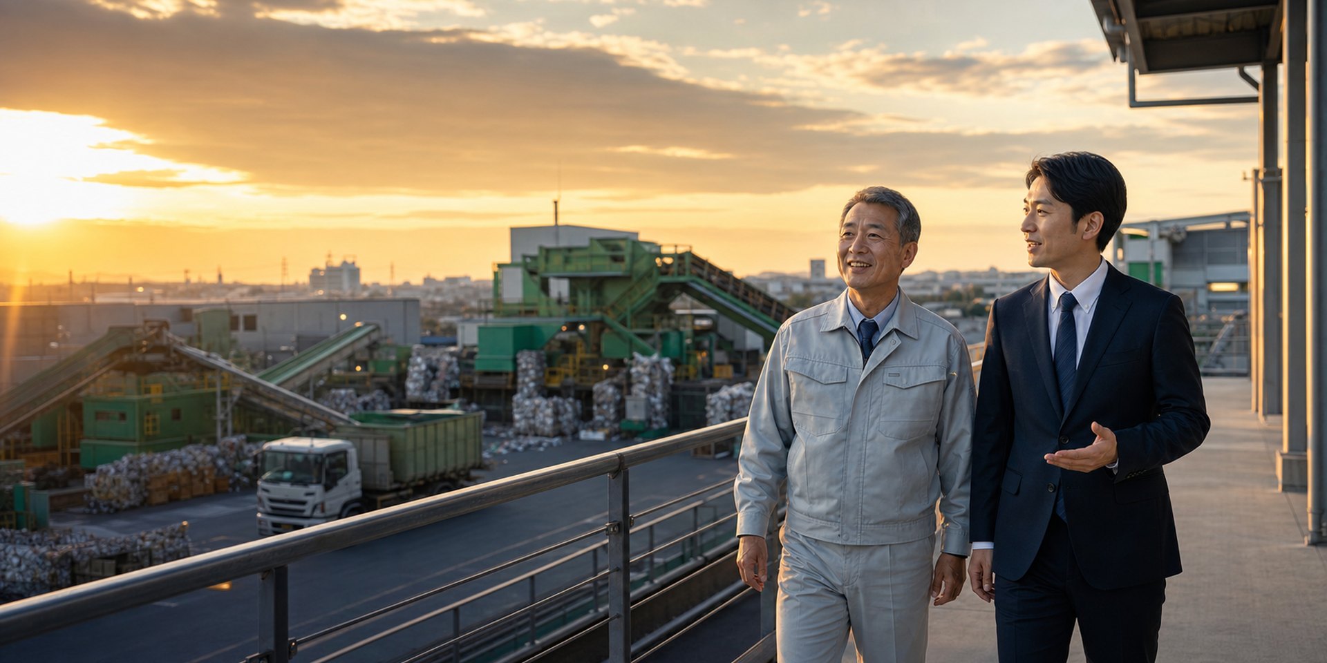 産廃リサイクル施設の未来を見据えて歩く経営者とアドバイザー
