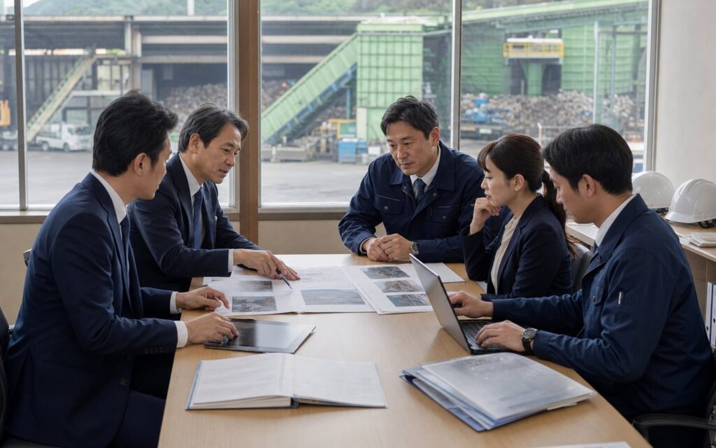 リサイクル施設を見ながらM&A条件を確認する会議